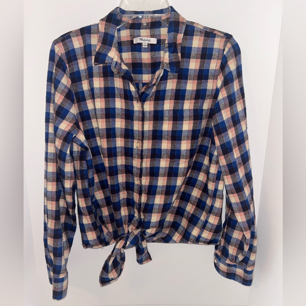 Madewell women’s cotton flannel tie front Blue Shadow plaid shirt size LARGE